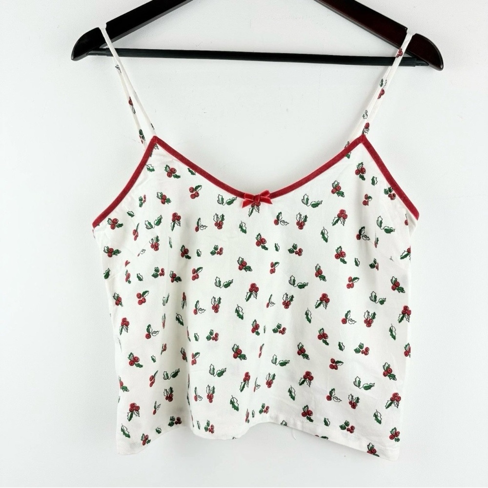 Women's Floral Print Velvet Red Bow White Tank Shirt Camisole Dainty Size Small - Picture 1 of 8